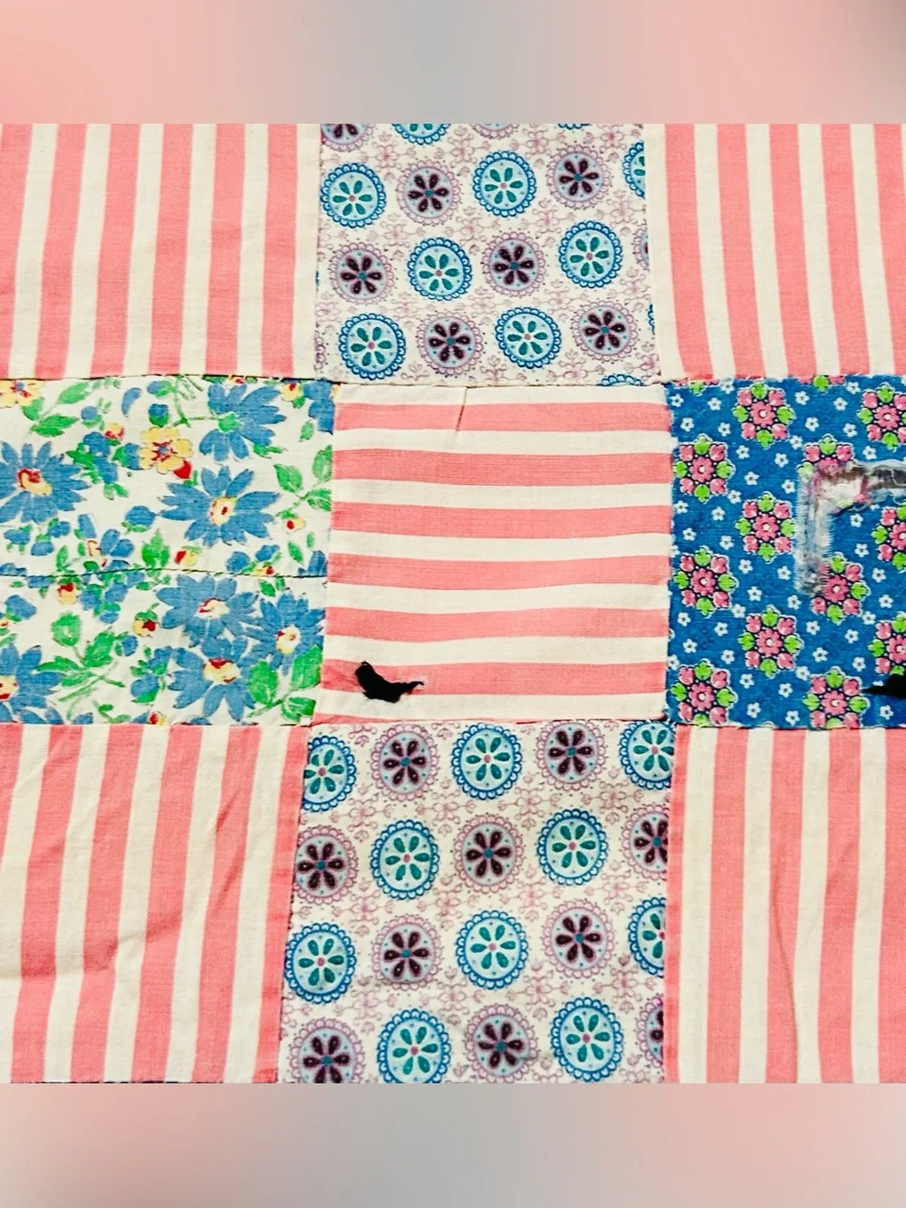 Whimsical Antique handmade cotton patchwork quilt rustic country folk art
